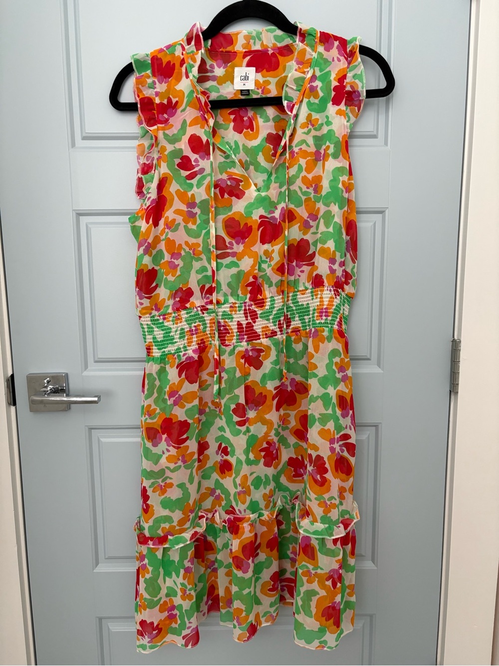 CAbi Floral Ruffle-Trim Summer Dress in Red, Orange, Pink & Green